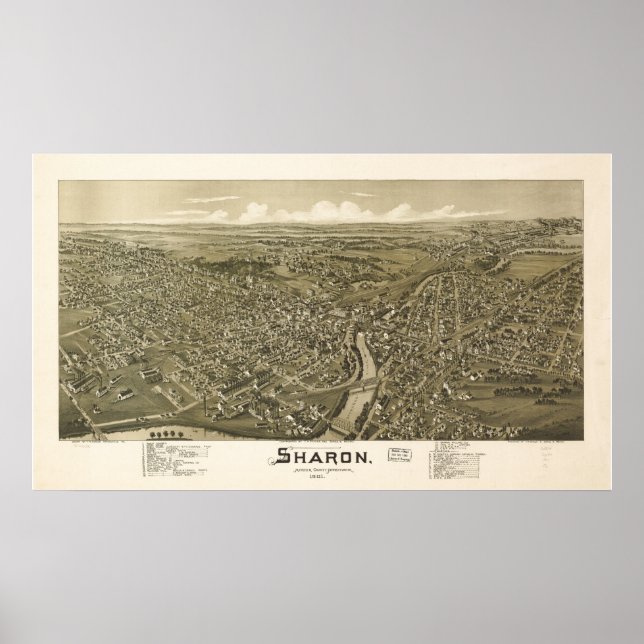 Póster Mapa Panorámico de Antigüedades de Sharon Pennsylv (Frente)