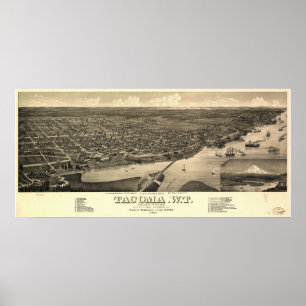 Póster Mapa Panorámico de Antigüedades de Tacoma Washingt