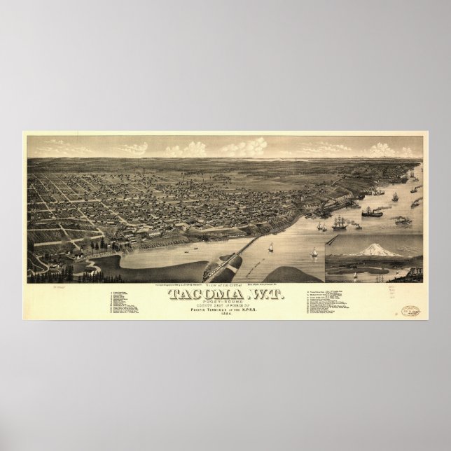 Póster Mapa Panorámico de Antigüedades de Tacoma Washingt (Frente)