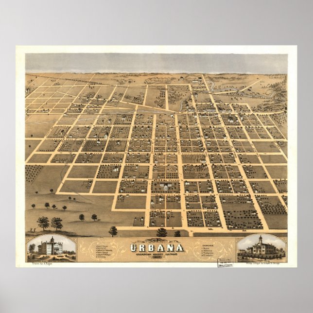 Póster Mapa Panorámico de Antigüedades de Urbana Illinois (Frente)