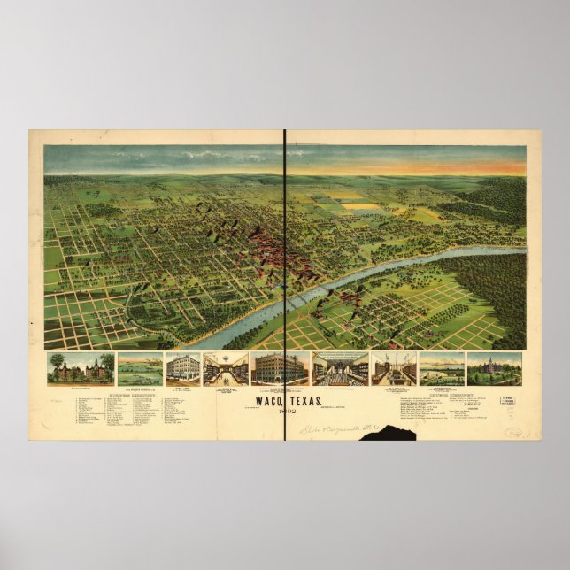 Póster Mapa Panorámico de Antigüedades de Waco Texas 1892 (Frente)