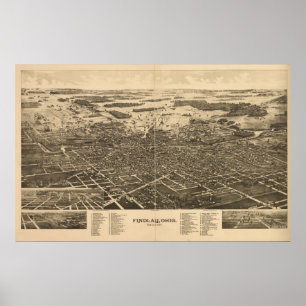 Póster Mapa Panorámico de Antigüedades Findlay Ohio 1889