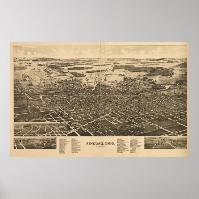 Póster Mapa Panorámico de Antigüedades Findlay Ohio 1889 (Frente)