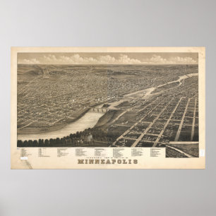 Póster Mapa Panorámico de Antigüedades Minneapolis Minnes