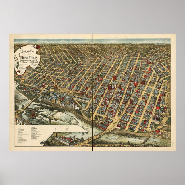 Póster Mapa Panorámico de Antigüedades Minneapolis Minnes (Frente)
