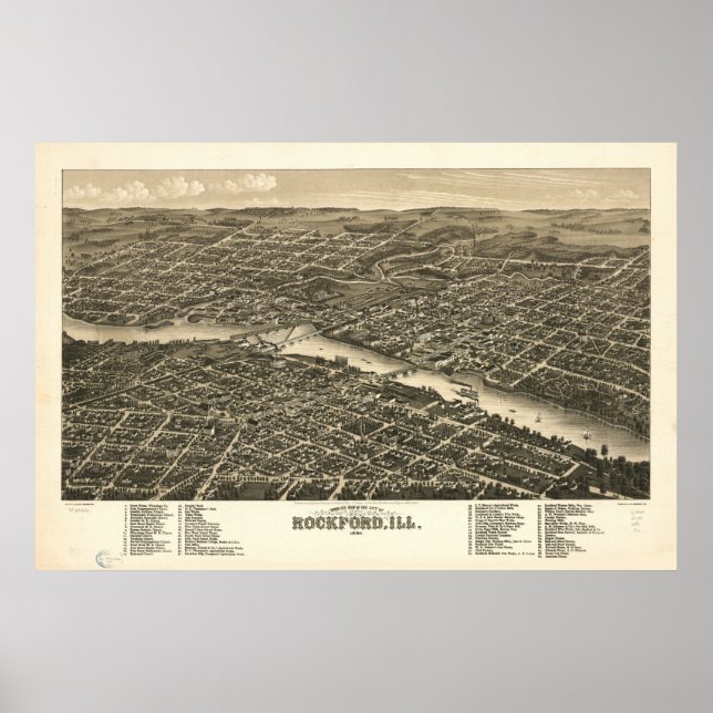 Póster Mapa Panorámico de Antigüedades Rockford Illinois  (Frente)