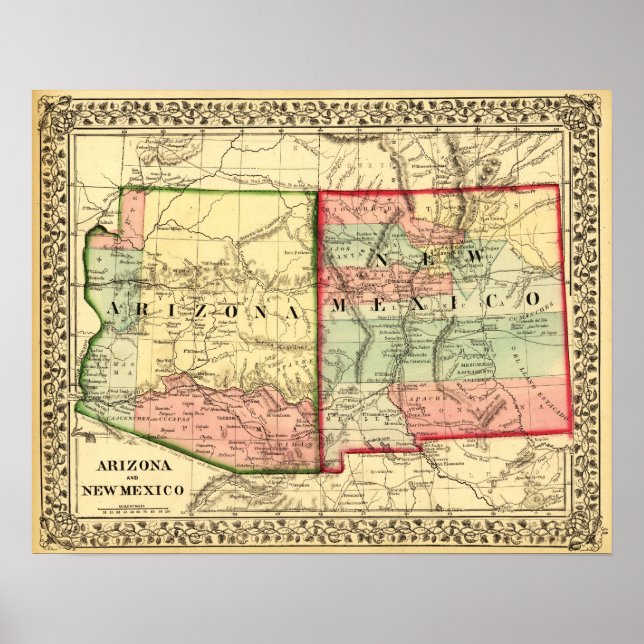 Póster Mapa Panorámico de Arizona y Nuevo México (Frente)