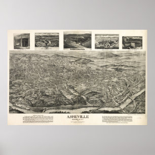 Póster Mapa panorámico de Asheville, NC Birds View 1912
