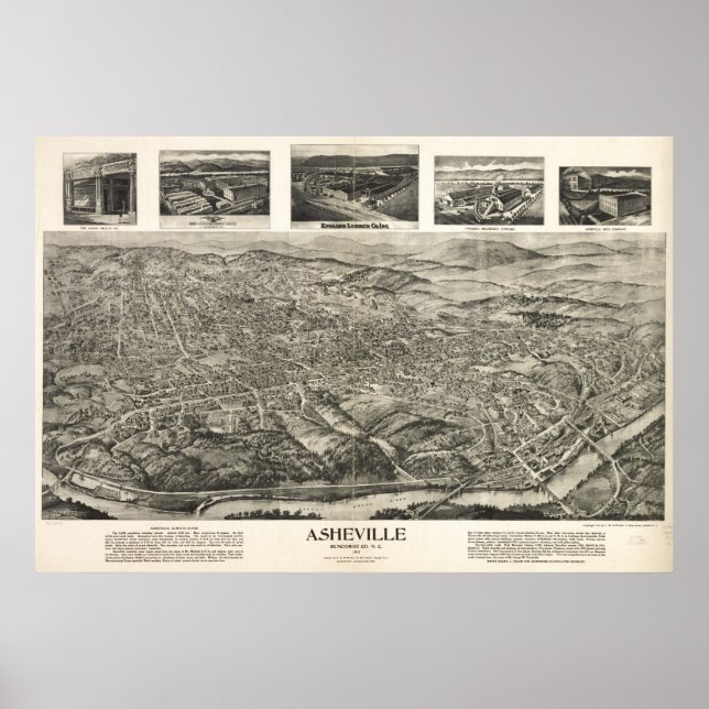 Póster Mapa panorámico de Asheville, NC Birds View 1912 (Frente)