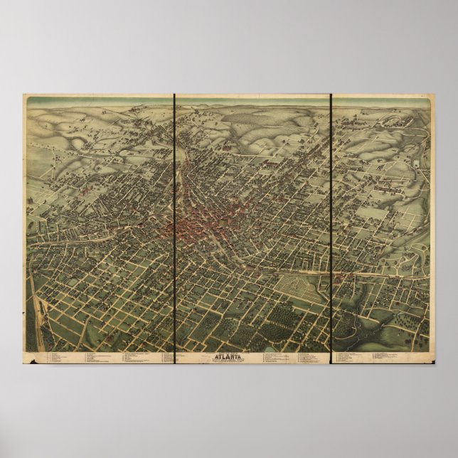 Póster Mapa Panorámico de Atlanta Georgia 1892 (Frente)