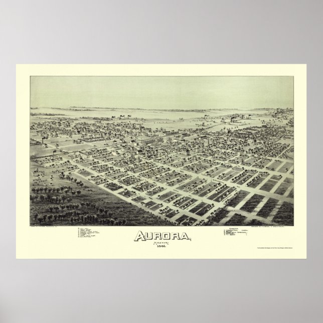 Póster Mapa panorámico de Aurora, MO - 1891 (Frente)
