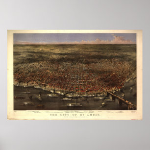Póster Mapa Panorámico de Aves de St. Louis MO 1874
