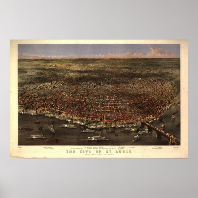 Póster Mapa Panorámico de Aves de St. Louis MO 1874 (Frente)