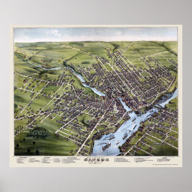 Póster Mapa Panorámico de Bangor, ME - 1875 (Frente)