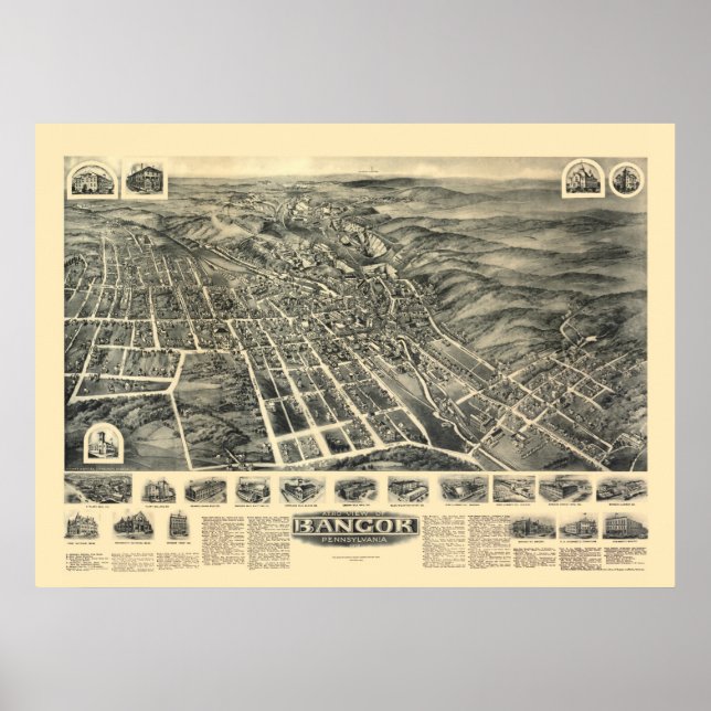 Póster Mapa panorámico de Bangor, PA - 1918 (Frente)