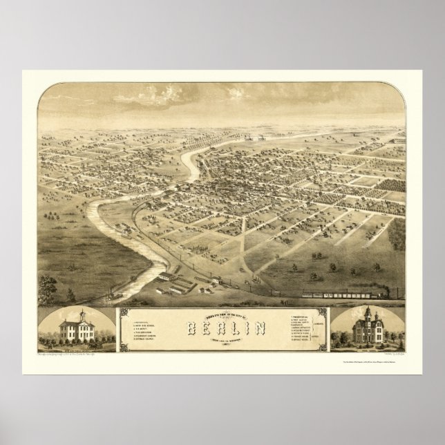 Póster Mapa panorámico de Berlín, WI - 1867 (Frente)