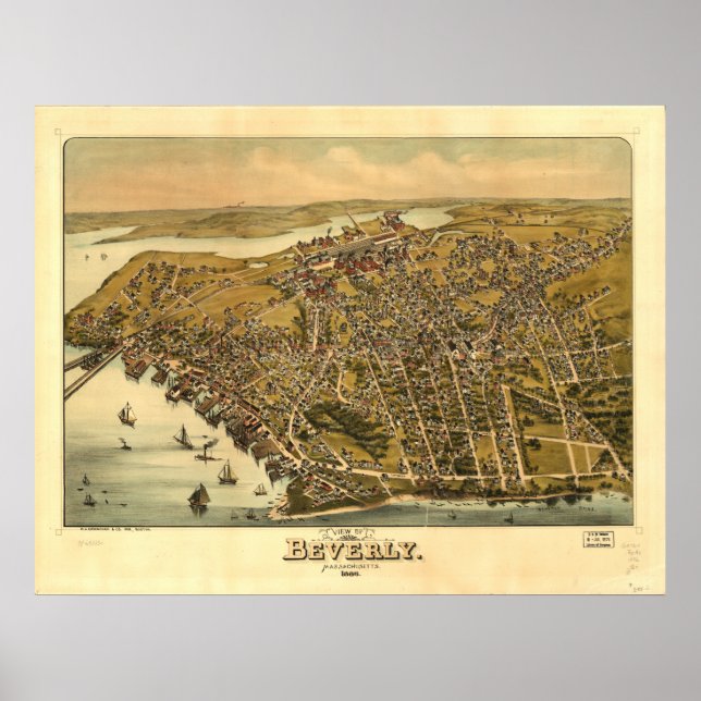 Póster Mapa Panorámico de Beverly Massachusetts 1886 (Frente)