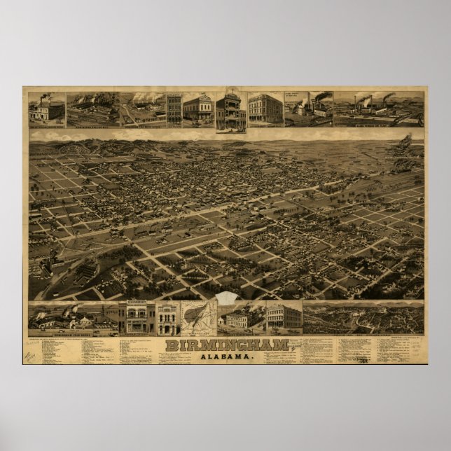 Póster Mapa Panorámico de Birmingham Alabama 1885 (Frente)