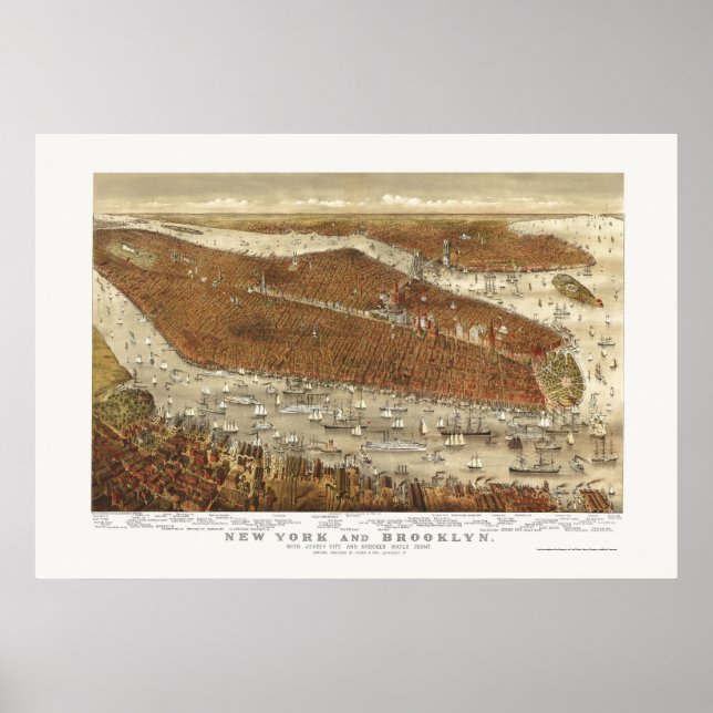 Póster Mapa Panorámico de Brooklyn, NY - 1877 (Frente)