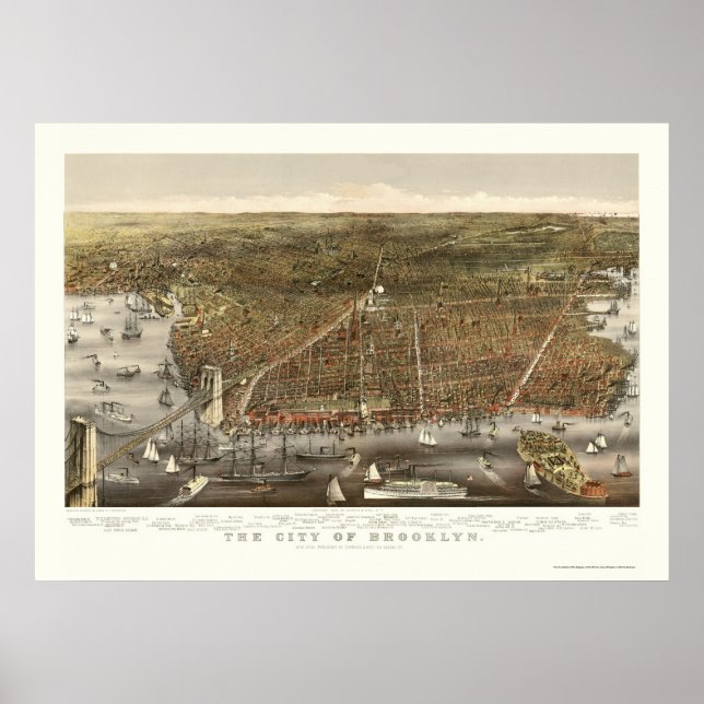 Póster Mapa Panorámico de Brooklyn, NY - 1879 (Frente)