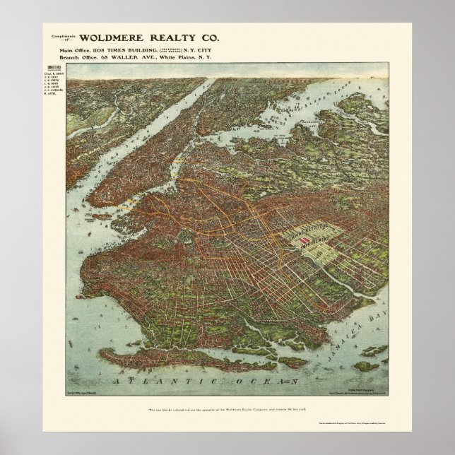 Póster Mapa Panorámico de Brooklyn, NY - 1908 (Frente)