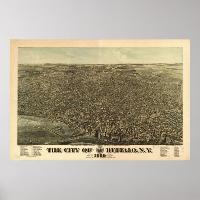 Póster Mapa Panorámico de Búfalo 1880, NY Birds View (Frente)