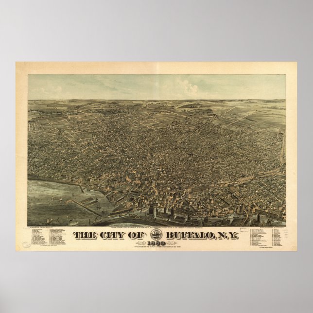 Póster Mapa Panorámico de Búfalo New York 1880 (Frente)
