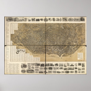 Póster Mapa Panorámico de Búfalo, NY Birds View de 1902
