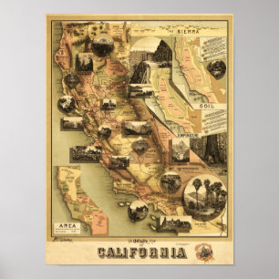 Póster Mapa Panorámico de California