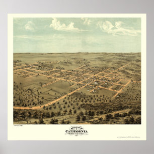 Póster Mapa Panorámico de California, MO - 1869