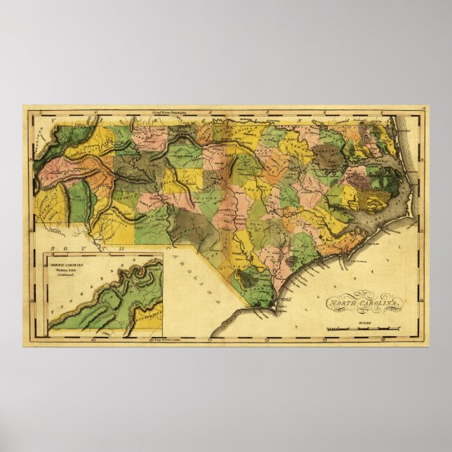 Póster Mapa Panorámico de Carolina del Norte (Frente)