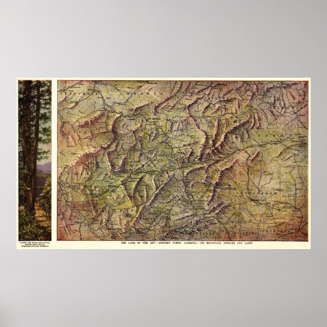 Póster Mapa Panorámico de Carolina del Norte Occidental (Frente)