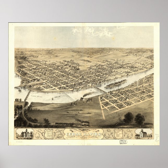 Póster Mapa Panorámico de Cedar Rapids Iowa 1868 (Frente)