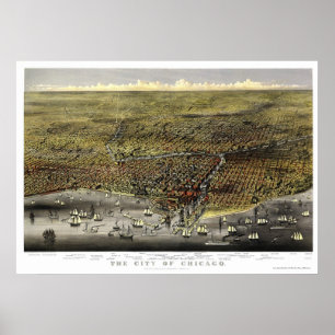 Póster Mapa panorámico de Chicago, IL - 1874
