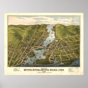 Póster Mapa panorámico de Connecticut 1879 místicos del