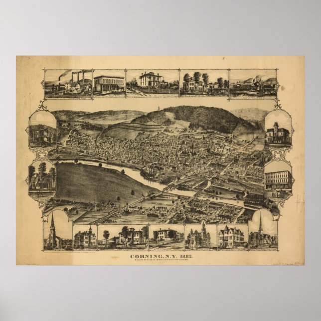 Póster Mapa Panorámico de Corning, NY Birds View 1882 (Frente)