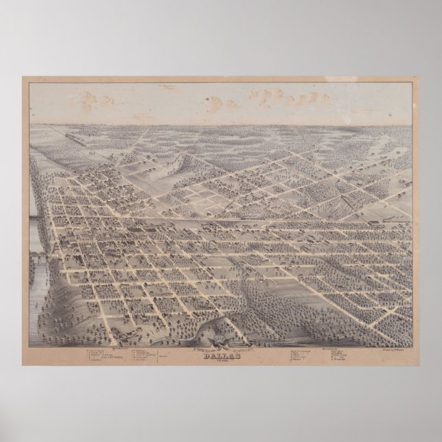 Póster Mapa Panorámico de Dallas, TX Birds View 1872 (Frente)
