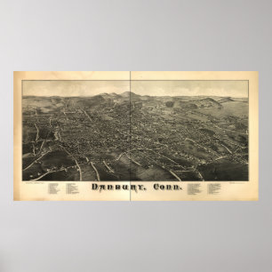 Póster Mapa Panorámico de Danbury Connecticut 1884