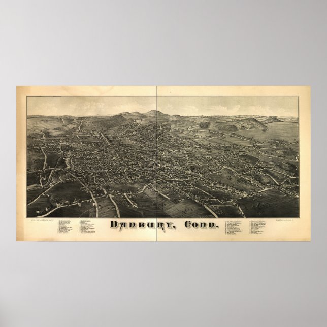 Póster Mapa Panorámico de Danbury Connecticut 1884 (Frente)
