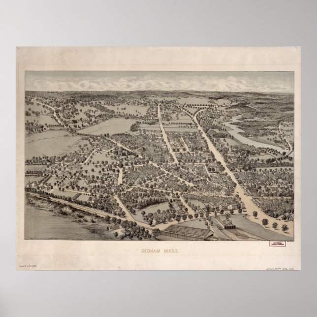 Póster Mapa Panorámico de Dedham Massachusetts 1876 (Frente)