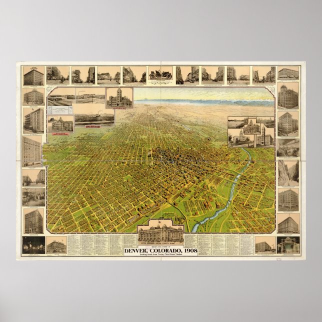 Póster Mapa panorámico de Denver CO Birds View de 1908 (Frente)