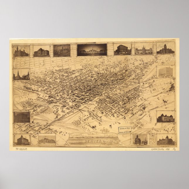 Póster Mapa Panorámico de Denver Colorado 1881 (Frente)