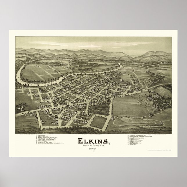Póster Mapa panorámico de Elkins, WV - 1897 (Frente)