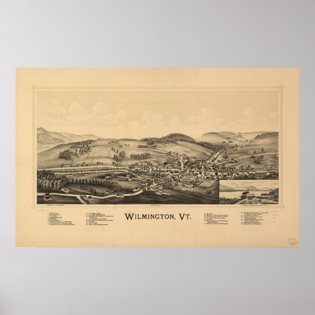 Póster Mapa panorámico de época de Wilmington Vermont 189 (Frente)