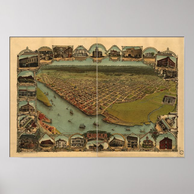 Póster Mapa Panorámico de Eureka California 1902 (Frente)