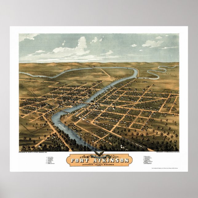 Póster Mapa panorámico de Fort Atkinson, WI - 1870 (Frente)