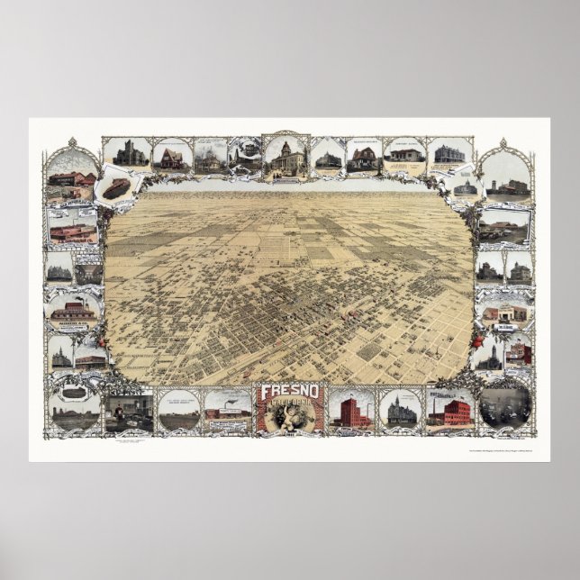 Póster Mapa Panorámico de Fresno, CA - 1901 (Frente)