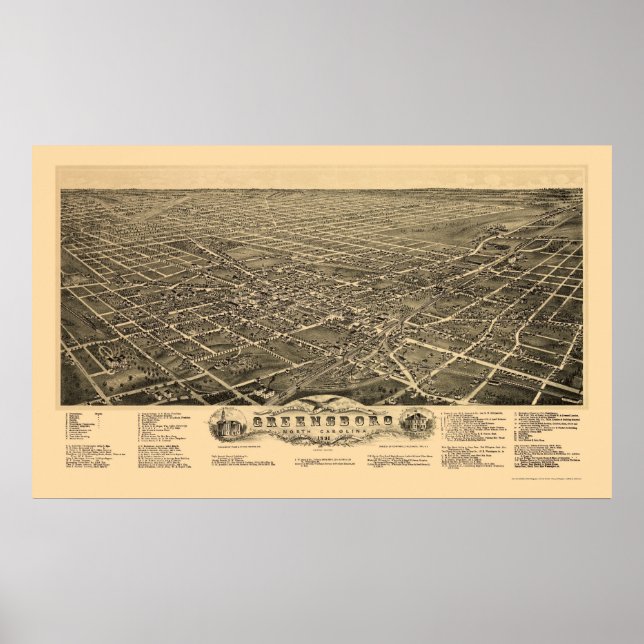 Póster Mapa Panorámico de Greensboro, NC - 1891 (Frente)