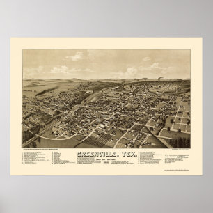 Póster Mapa panorámico de Greenville, TX - 1886