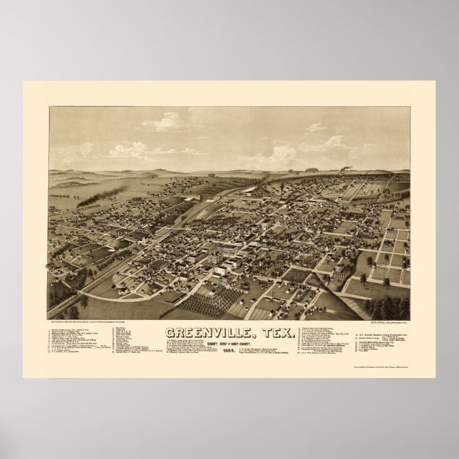 Póster Mapa panorámico de Greenville, TX - 1886 (Frente)